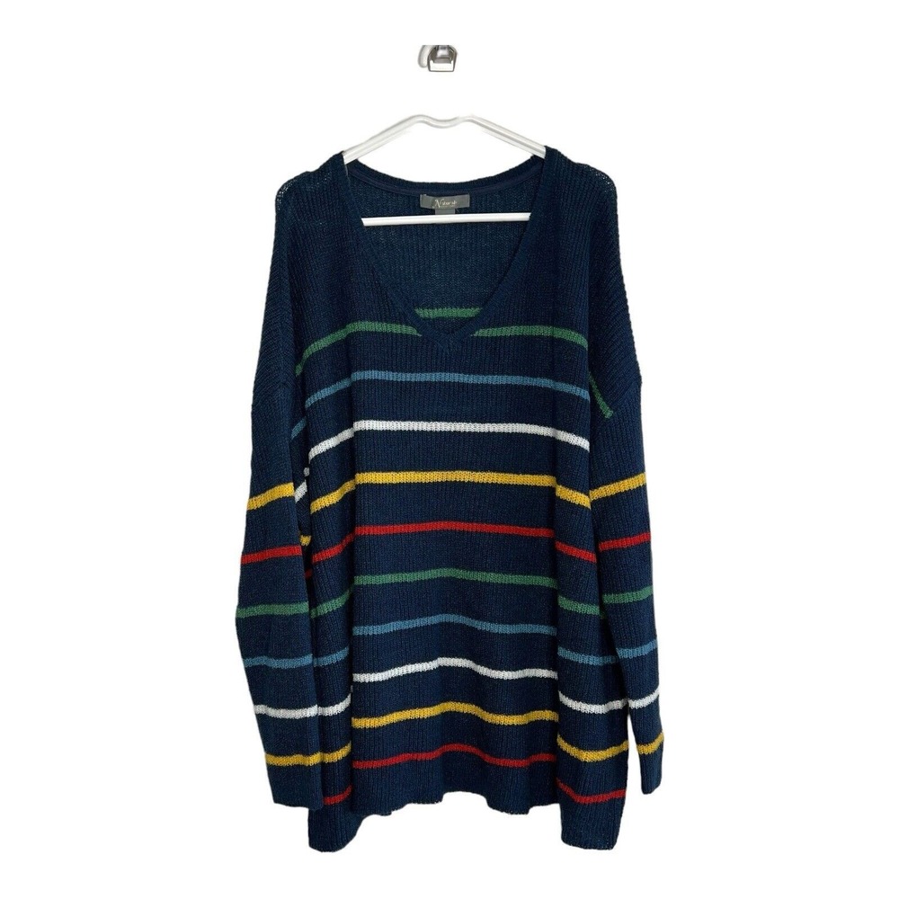 Natural Reflections Sweater Womens 1X Blue Striped Knit V Neck‎ Acrylic Boho